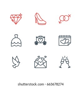 Vector Illustration Of 9 Wedding Icons. Editable Pack Of Chariot, Wedding Gown, Sandal Elements.