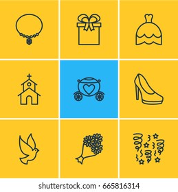 Vector Illustration Of 9 Wedding Icons. Editable Pack Of Building, Wedding Gown, Jewelry And Other Elements.