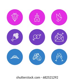 Vector Illustration Of 9 Wedding Icons. Editable Pack Of Bridegroom Dress, Pigeon, Wineglass And Other Elements.