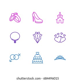 Vector Illustration Of 9 Wedding Icons. Editable Pack Of Accessories, Love, Jewelry And Other Elements.