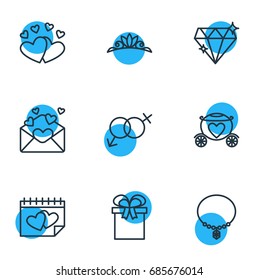 Vector Illustration Of 9 Wedding Icons. Editable Pack Of Brilliant, Sexuality Symbol, Card And Other Elements.