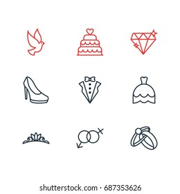 Vector Illustration Of 9 Wedding Icons. Editable Pack Of Pigeon, Brilliant, Wedding Gown And Other Elements.