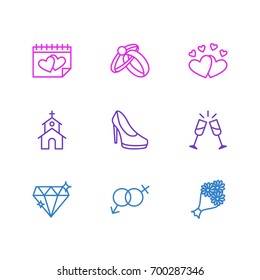 Vector Illustration Of 9 Wedding Icons. Editable Pack Of Engagement, Sexuality Symbol, Wineglass And Other Elements.