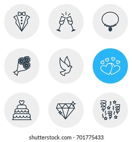 Vector Illustration Of 9 Wedding Icons. Editable Pack Of Bridal Bouquet, Decoration, Jewelry And Other Elements.