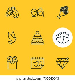 Vector Illustration Of 9 Wedding Icons. Editable Pack Of Calendar, Engagement, Pigeon And Other Elements.