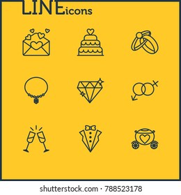 Vector illustration of 9 wedding icons line style. Editable set of jewelry, sexuality symbol, brilliant and other elements.