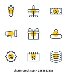 Vector illustration of 9 wholesale icons line style. Editable set of hanger, auction, money and other icon elements.