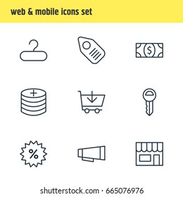 Vector Illustration Of 9 Wholesale Icons. Editable Pack Of Rack, Tag, Buy And Other Elements.