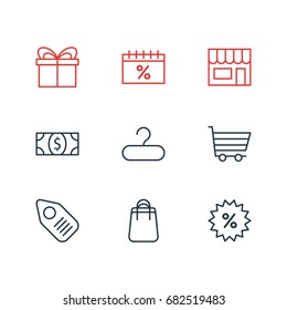 Vector Illustration Of 9 Wholesale Icons. Editable Pack Of Rack, Discount, Present And Other Elements.