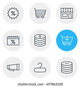 Vector Illustration Of 9 Wholesale Icons. Editable Pack Of Sales, Rack, Box And Other Elements.