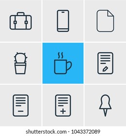 Vector illustration of 9 workplace icons line style. Editable set of deleting, pin, computer and other icon elements.