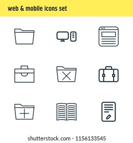 Vector illustration of 9 workplace icons line style. Editable set of briefcase, edit, book and other icon elements.