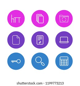 Vector illustration of 9 workplace icons line style. Editable set of workplace, calculator, reload and other icon elements.