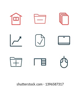 Vector illustration of 9 workplace icons line style. Editable set of approve, graph, plus and other icon elements.