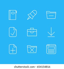 Vector Illustration Of 9 Workplace Icons. Editable Pack Of Done, Book, Deleting Folder And Other Elements.