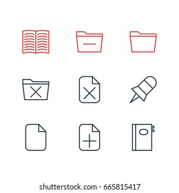 Vector Illustration Of 9 Workplace Icons. Editable Pack Of Deleting Folder, Book, Plus And Other Elements.