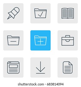Vector Illustration Of 9 Workplace Icons. Editable Pack Of Approve, Downloading, Note And Other Elements.