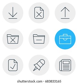 Vector Illustration Of 9 Workplace Icons. Editable Pack Of Install, Downloading, Portfolio And Other Elements.
