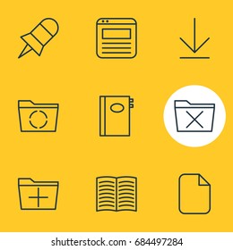 Vector Illustration Of 9 Workplace Icons. Editable Pack Of Textbook, Document, Downloading And Other Elements.