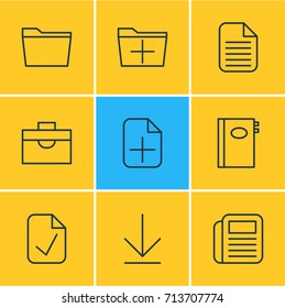 Vector Illustration Of 9 Workplace Icons. Editable Pack Of Portfolio, Book, Downloading And Other Elements.
