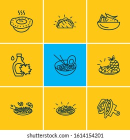 Vector illustration of 9 world cuisine icons line style. Editable set of moroccan couscous, turkish pide, japanese ramen and other icon elements.