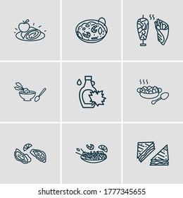 Vector illustration of 9 world cuisine icons line style. Editable set of austrian apfelstrudel, pad thAI, american sandwiches icon elements.