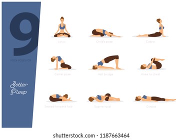 Vector illustration of 9 yoga poses for better sleep