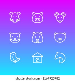 Vector illustration of 9 zoo icons line style. Editable set of pet house, pig, mouse and other icon elements.