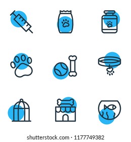 Vector illustration of 9 zoo icons line style. Editable set of birdcage, syringe, pet food and other icon elements.