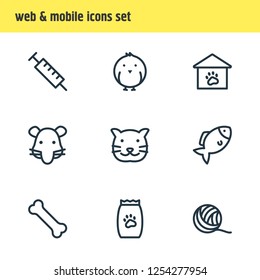 Vector illustration of 9 zoo icons line style. Editable set of fish, rat, cat and other icon elements.