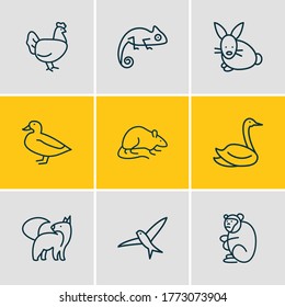 Vector illustration of 9 zoo icons line style. Editable set of chameleon, duck, swift and other icon elements.