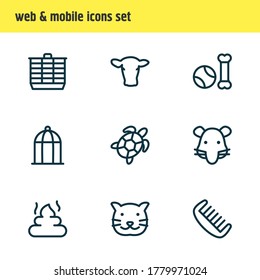 Vector illustration of 9 zoo icons line style. Editable set of pet toys, turtle, birdcage and other icon elements.