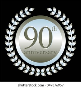 Vector illustration of 90 anniversary. Silver laurel wreath on a black background.