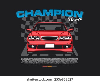 vector illustration for 90s automotive enthusiast with head of red car with background graphic