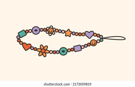 Vector Illustration Of 90s Beads Choker With Daisy Flowers And Hearts. Cartoon Diy Jewellery. Cute Colorful Key Chain. Trendy Oldschool Icon