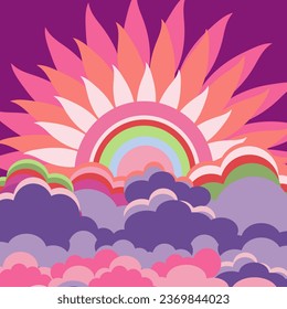 Ilustración vectorial de afiches groovy de los años 90 en un estilo psicodélico de dibujos animados. Diseño boho e hippie, con elementos retro vibrantes y paisajes trippy. Nubes, mar, rayos solares y olas psicodélicas.