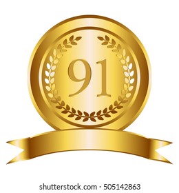 Vector illustration of 91 anniversary. Gold award. Gold ribbon and laurel wreath on a white backround
