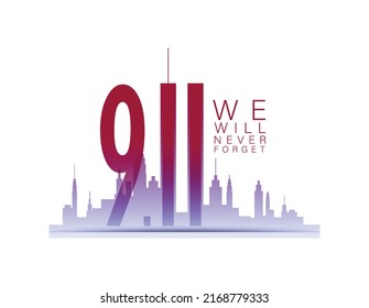 Vector Illustration of 911 Patriot Day. New York city skyline with Twin Towers. September 11, 2001 National Day of Remembrance. World Trade Centre. We will never forget. 