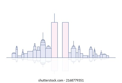 Ilustración vectorial del 911 Día Patriótico. Skyline de la ciudad de Nueva York con Torres Gemelas. 11 de septiembre de 2001 Día Nacional de Recuerdo. World Trade Center. Nunca olvidaremos. 