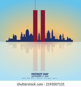 Ilustración vectorial del 911 Día Patriótico. Skyline de la ciudad de Nueva York con Torres Gemelas. 11 de septiembre de 2001 Día Nacional de Recuerdo. World Trade Center. Nunca olvidaremos. 