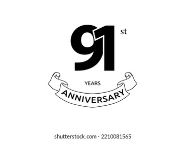 Ilustración vectorial del logo del 91er Aniversario con color negro sobre fondo blanco. Celebración del logo del aniversario en blanco y negro. Buen diseño para invitación, banner, web, tarjeta de felicitación, etc.
