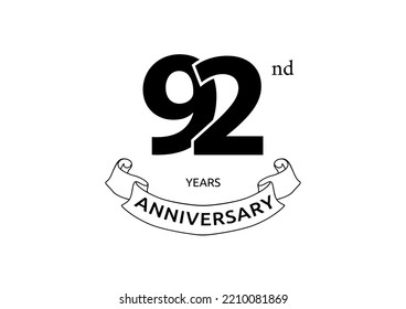 Vector illustration of 92nd Years Anniversary logo with black color on white background. Black and white anniversary logo celebration. Good design for invitation, banner, web, greeting card, etc.

