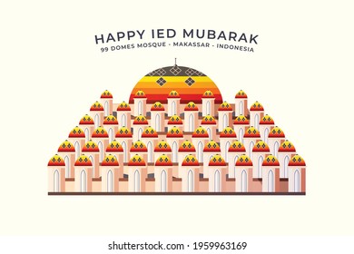 Vector illustration of 99 Domes mosque makassar, indonesian mosque for muslim praying on the day of ied fitr,  flat design style