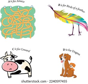 vector illustration of A, B, C, D. Children's alphabet and creative letter pictures for adults.