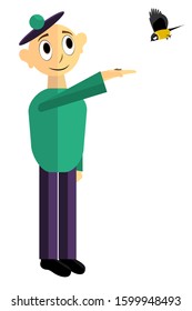 Vector illustration "a Man feeds a bird", made in bright colors on a white background.