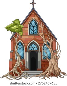 Vector illustration of abandoned brick chapel with stained glass windows and encroaching gnarled tree roots