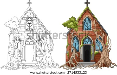 Vector illustration of abandoned brick chapel with gothic windows, tree roots, moss, and line-art version