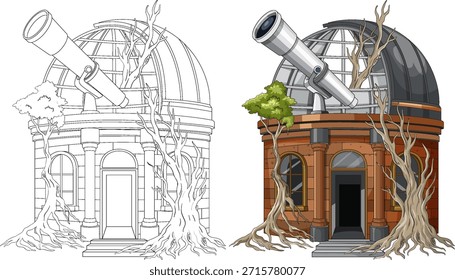 Vector illustration of abandoned brick observatory with large telescope, overgrown roots, and partial line art