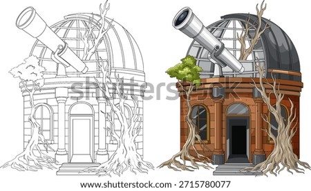 Vector illustration of abandoned brick observatory with large telescope, overgrown roots, and partial line art