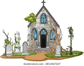 Vector illustration of abandoned gothic chapel, overgrown gravestones, twisted trees, and eerie cemetery lighting